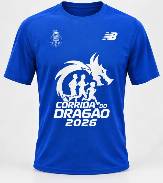 T-shirt oficial da Corrida do Dragão 2026, azul, com o emblema do FC Porto, o logótipo da New Balance e o dragão com três corredores ao peito.