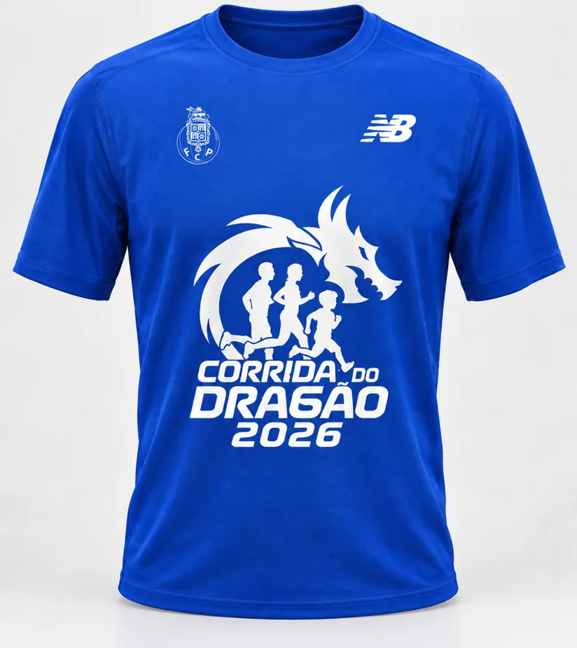 T-shirt oficial da Corrida do Dragão 2026, azul, com o emblema do FC Porto, o logótipo da New Balance e o dragão com três corredores ao peito.